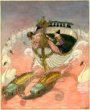 Dívka s figurkou "Louskáčka" ve člunu taženém dvěma rybami, kolem kruh labutí